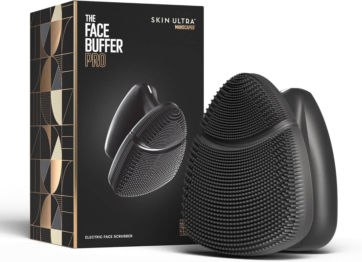 Black electric silicone face scrubber with dual brush heads and retail box