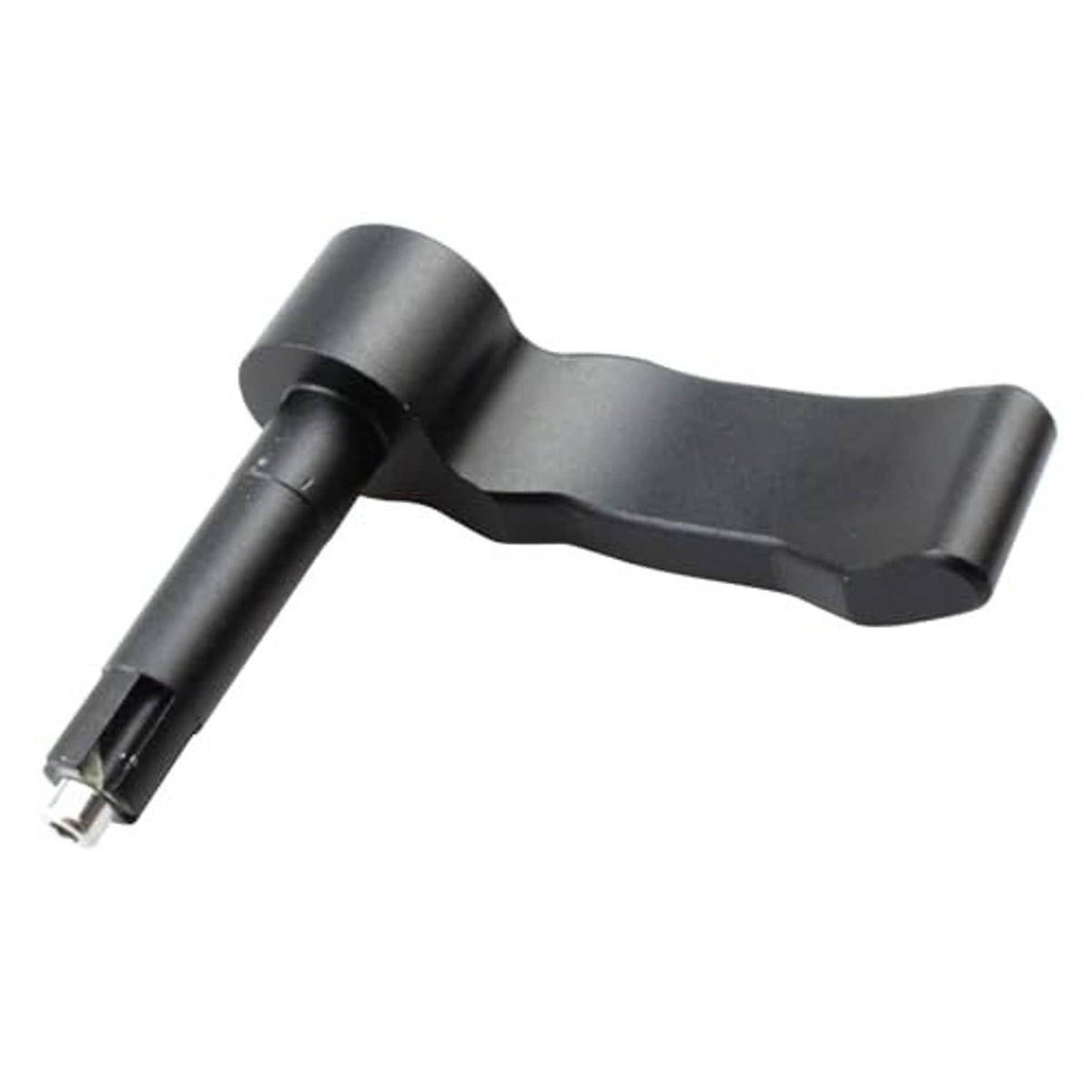 Black thumb throttle lever with metal pin at the mounting end