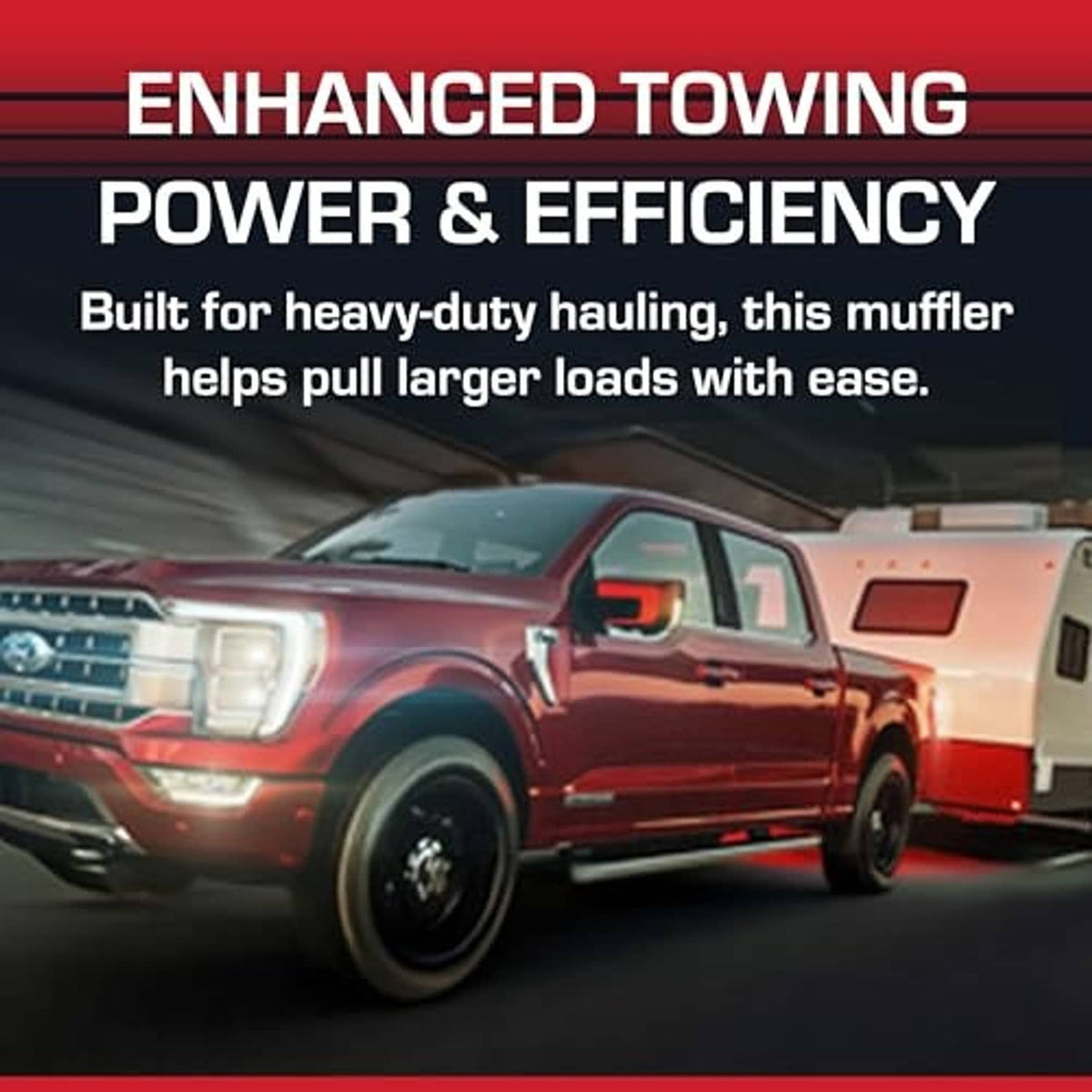 Pickup truck on road with exhaust performance promotional graphic overlay