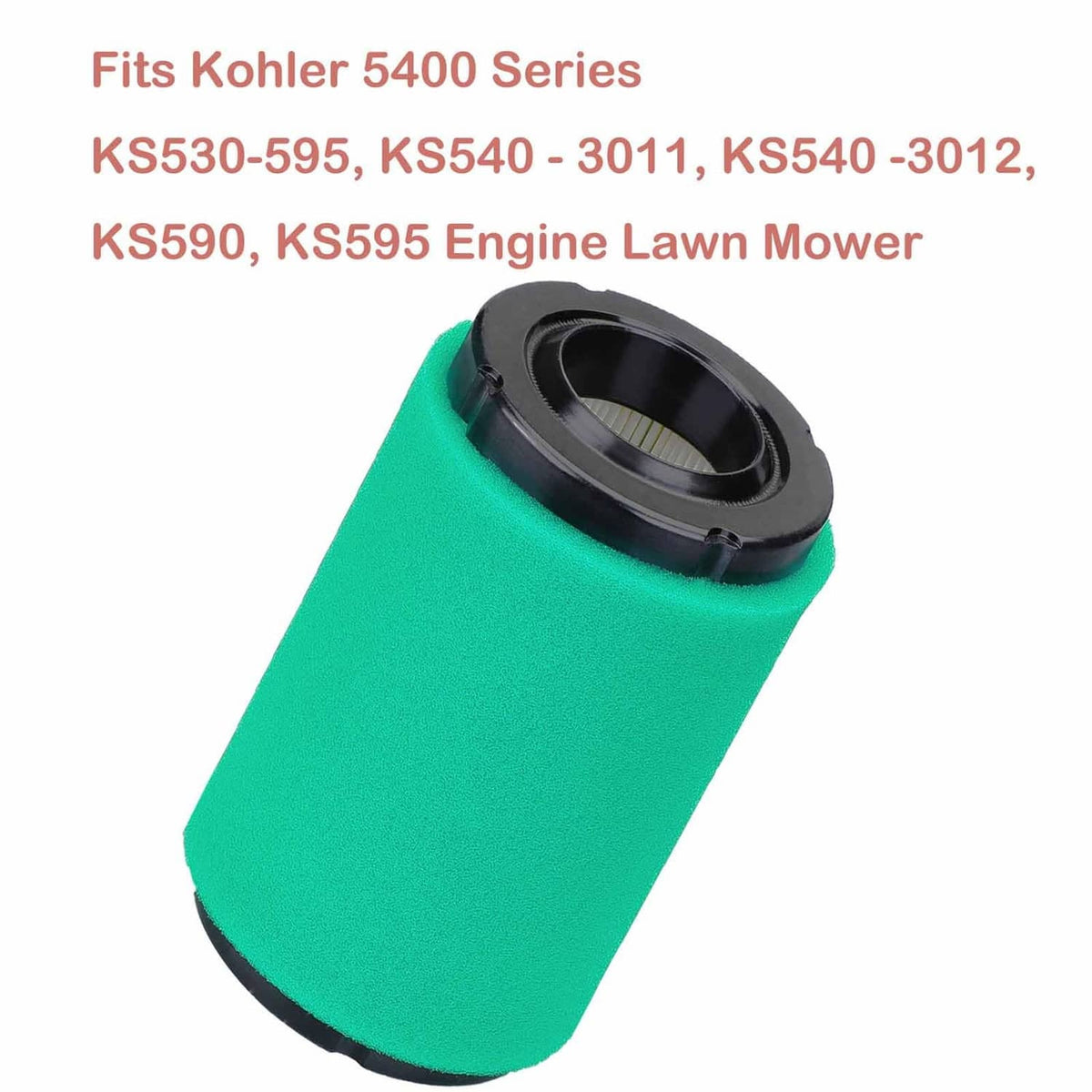 Green foam air filter with black rubber base and angled body view.