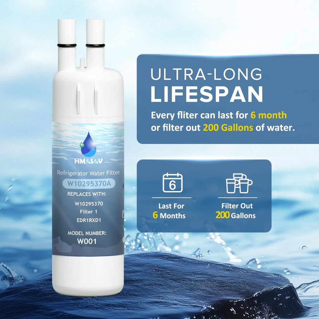 White refrigerator water filter cartridge with long-life lifespan graphic