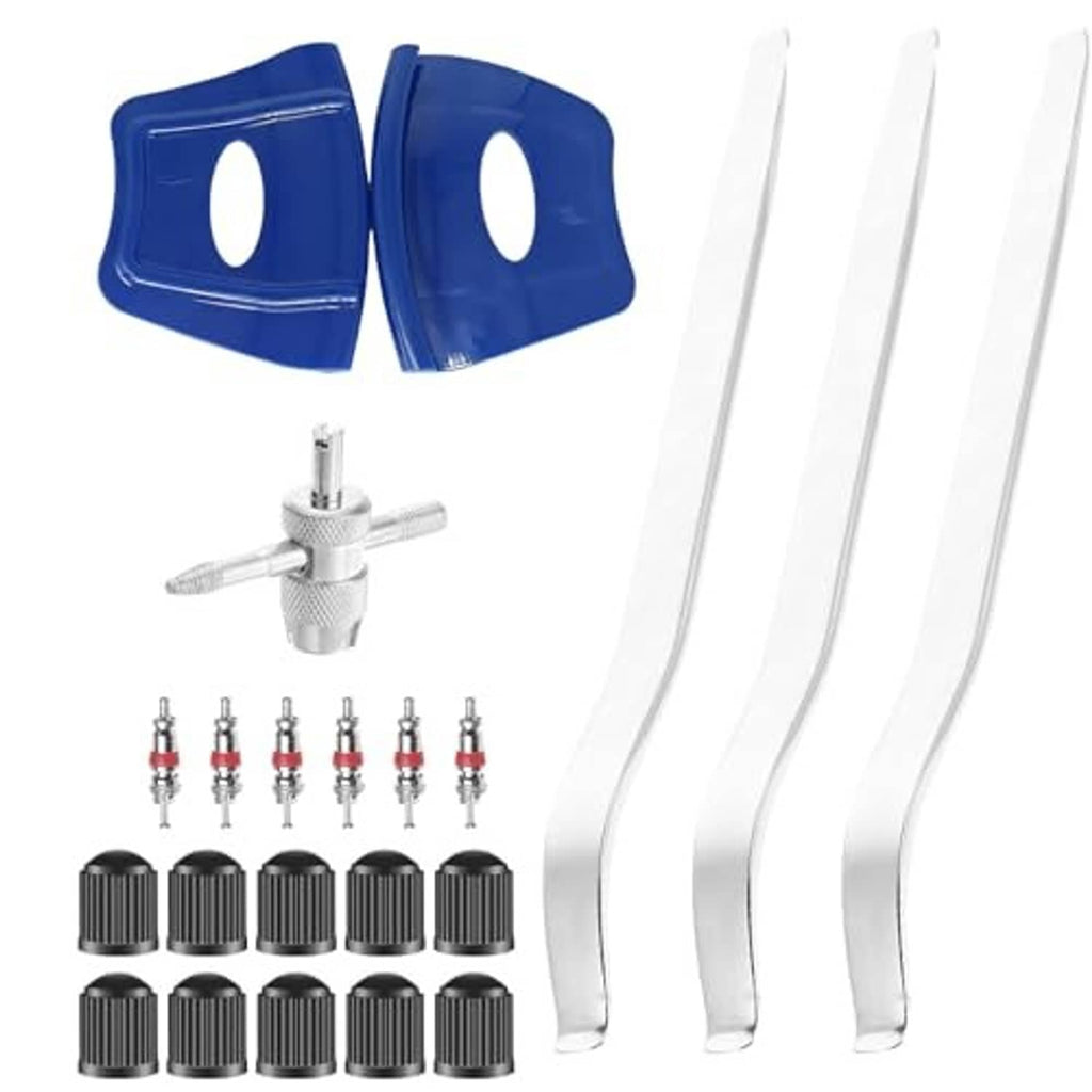 Tire lever set with blue handles, chrome lever, valve tool, and black caps