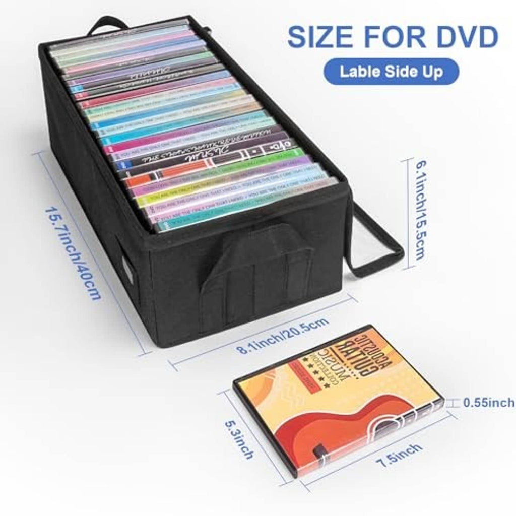Black fabric DVD storage case with open clear lid, label-side up holder