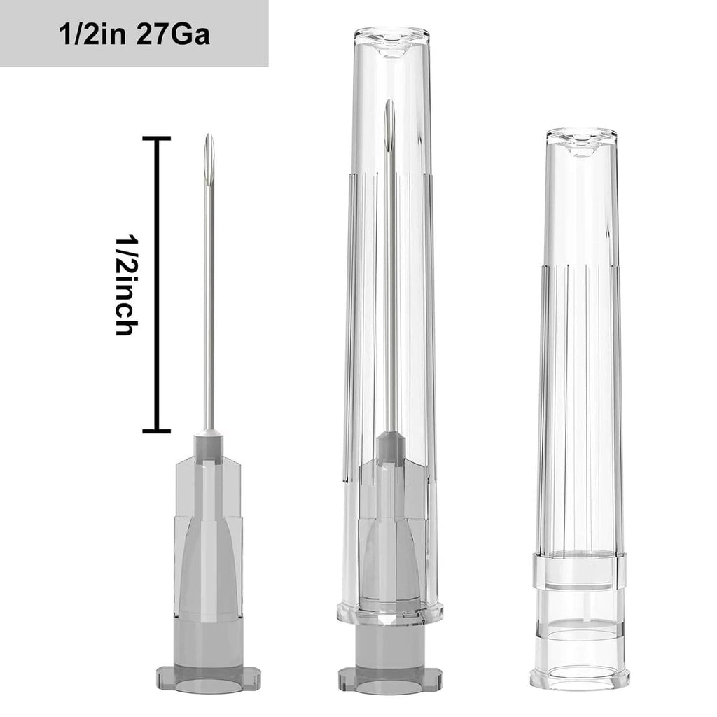 27G disposable luer lock needles, 0.5 in length, with transparent protection covers