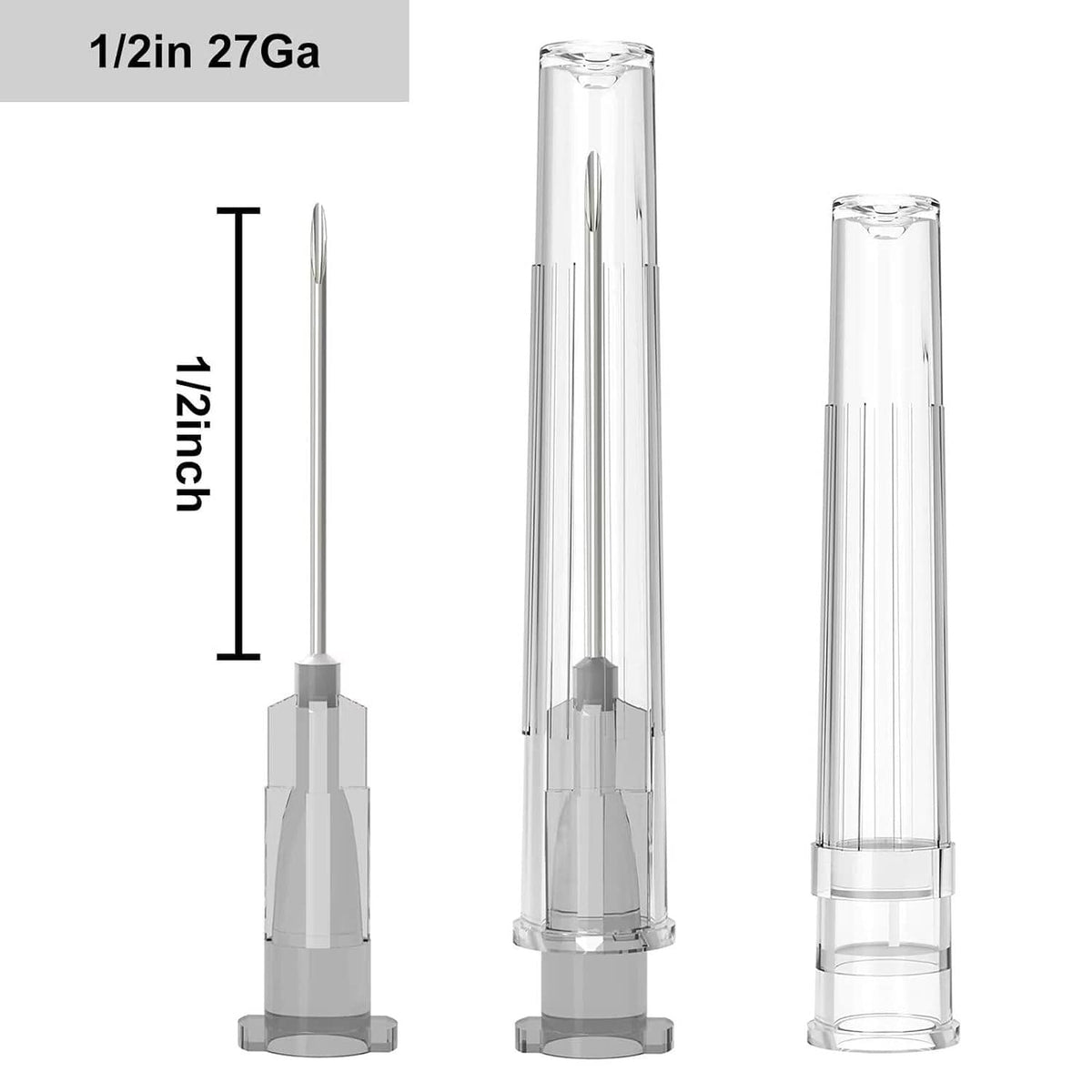 27G disposable luer lock needles, 0.5 in length, with transparent protection covers
