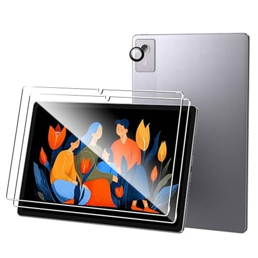 Transparent tablet screen protector with camera cutout, fitted on the tablet front
