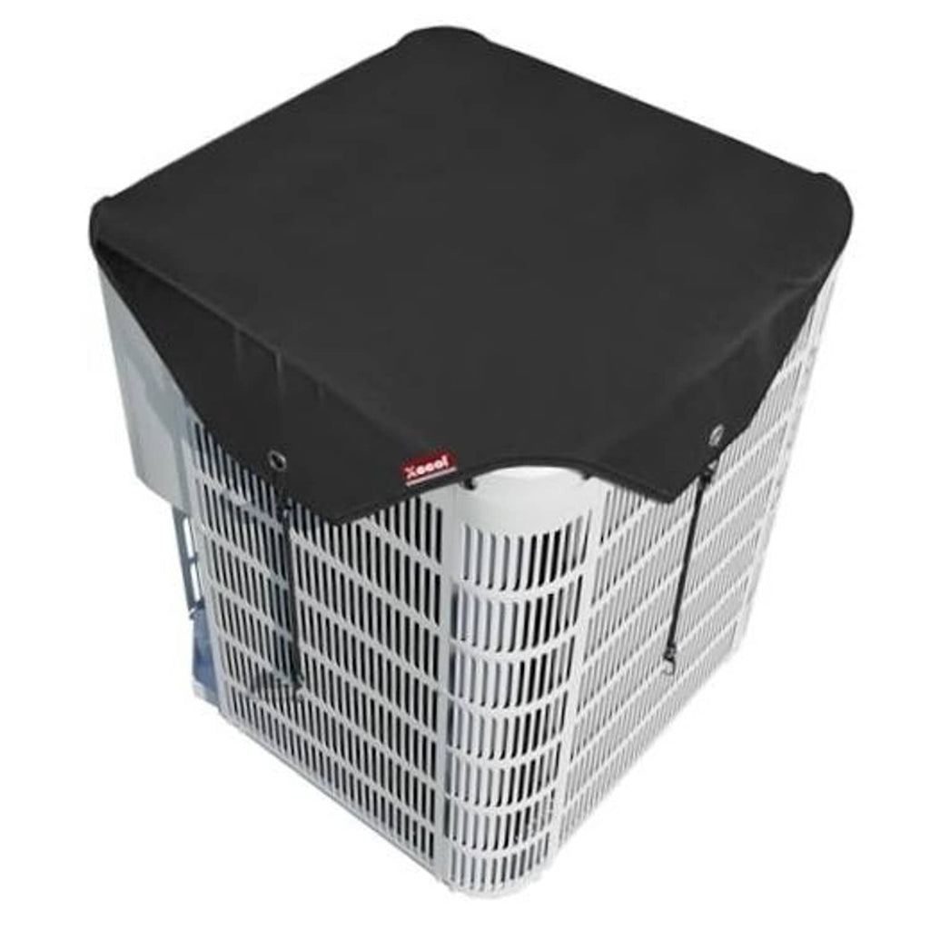Black outdoor AC condenser cover with vented panels and fitted top.