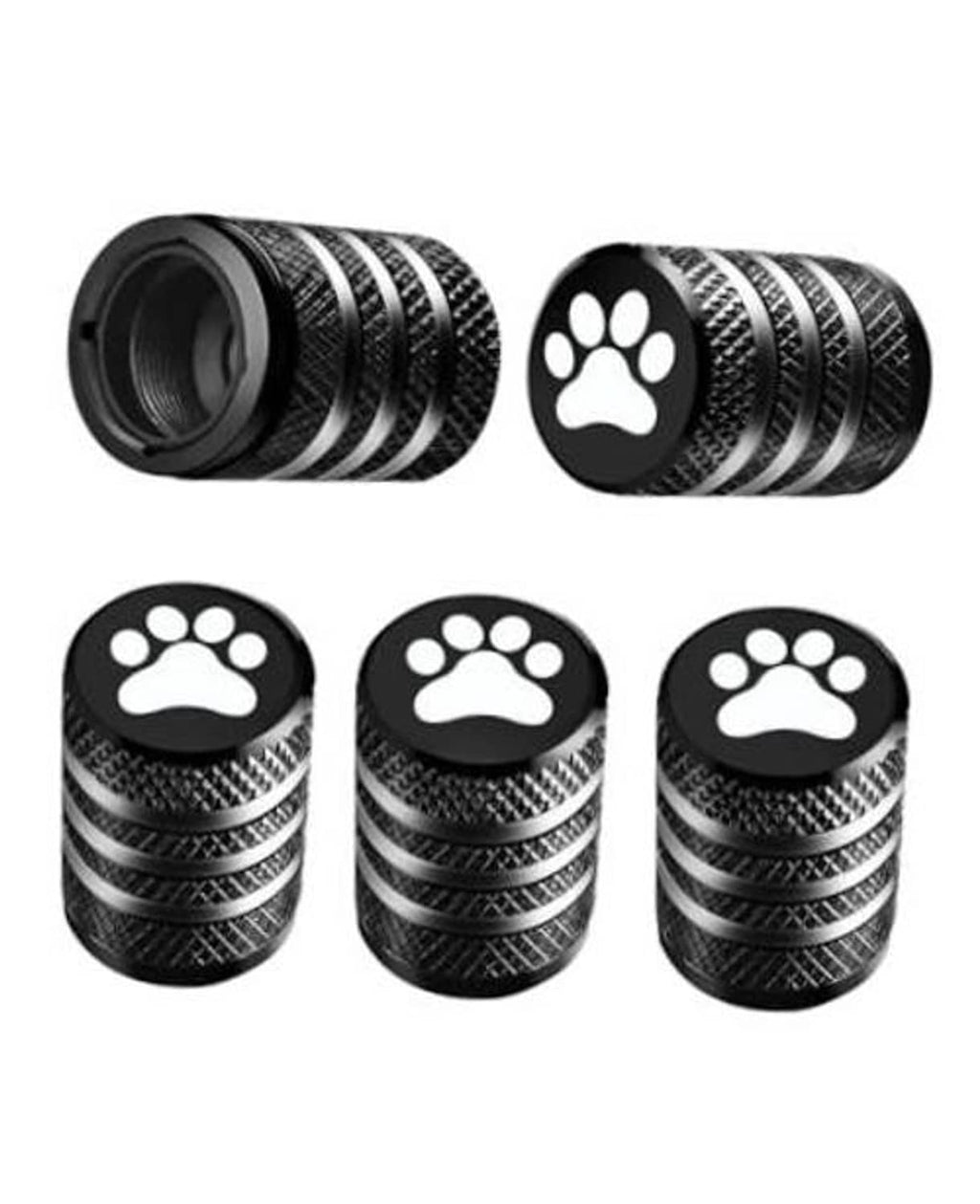 Black metal tire valve stem caps with paw print emblem and ridged textured grip.