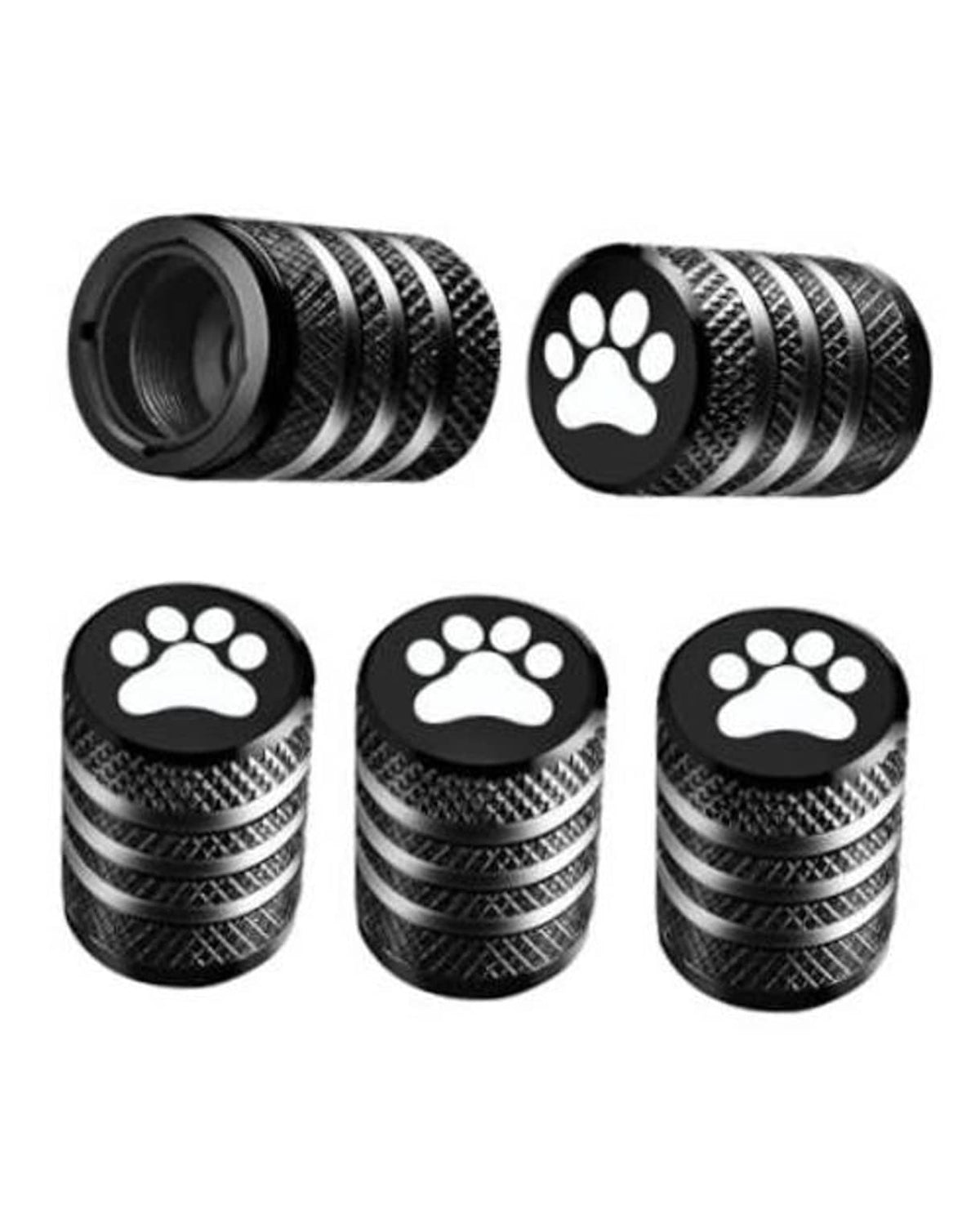 Black metal tire valve stem caps with paw print emblem and ridged textured grip.
