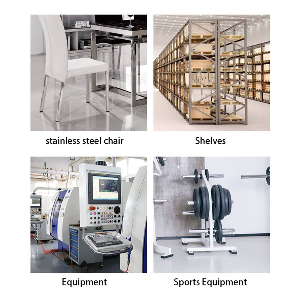 Industrial equipment collage showing chairs, shelving, machining, and sports equipment