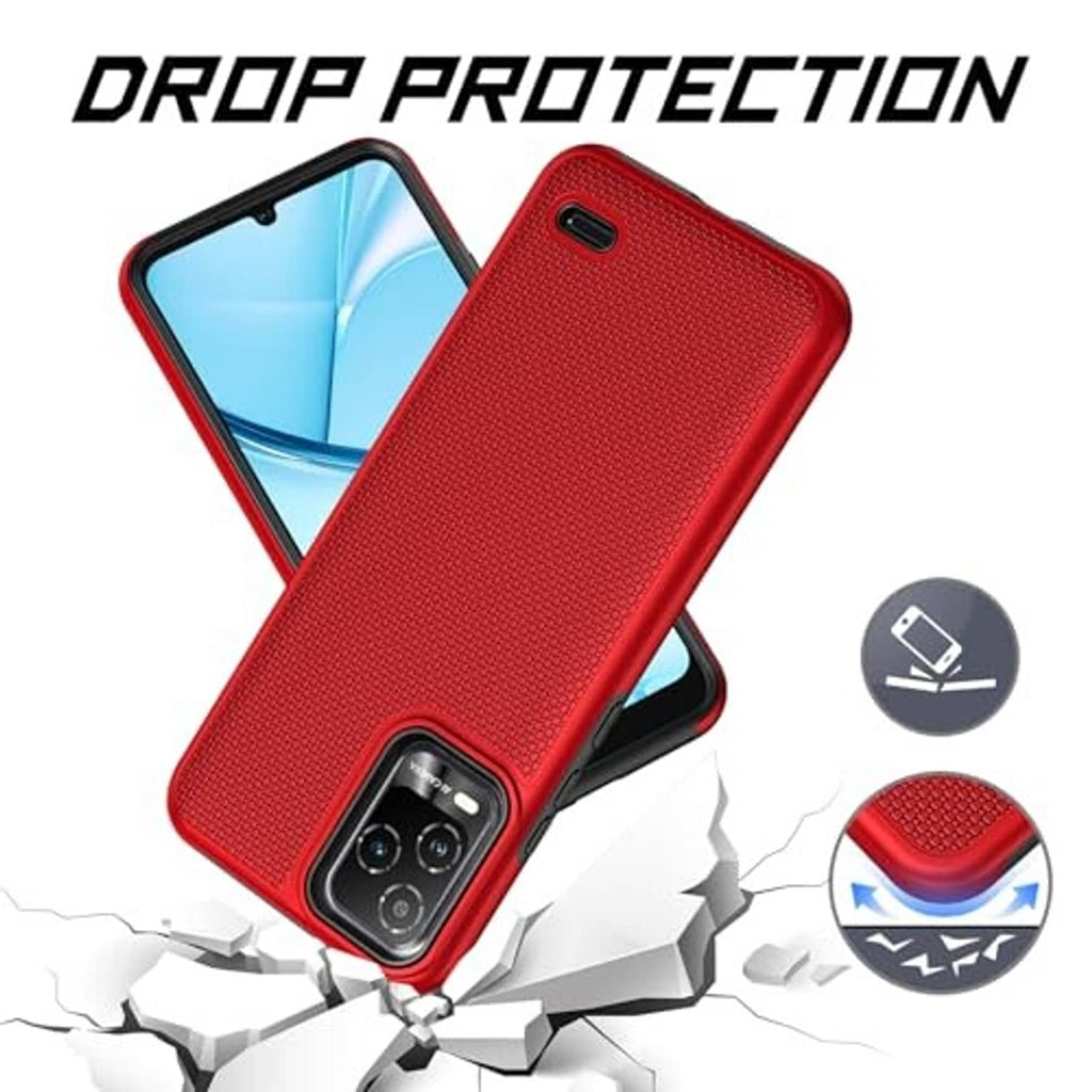 Red rugged textured phone case with raised edges around camera