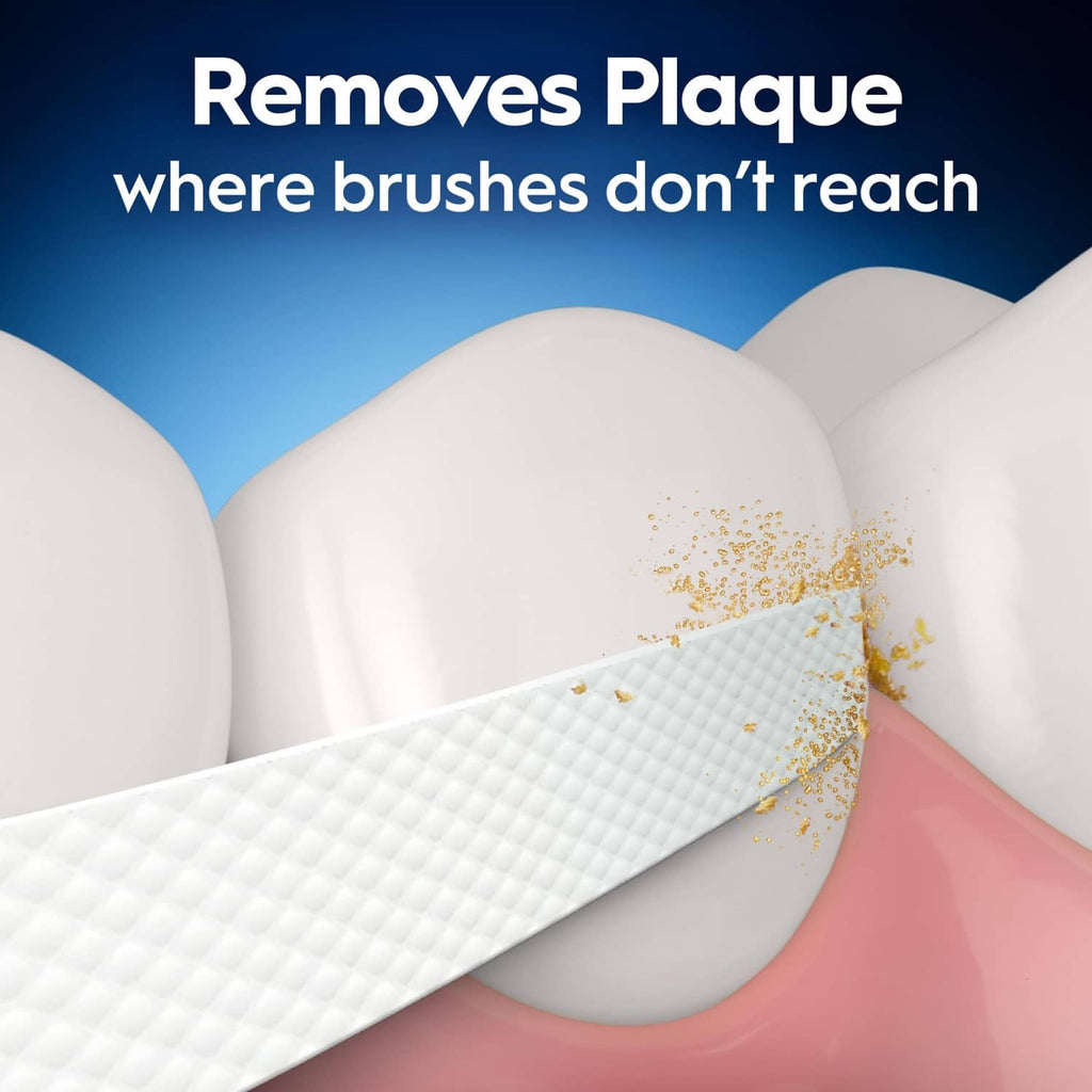 Dental floss between teeth with plaque particles, deep clean cleaning view