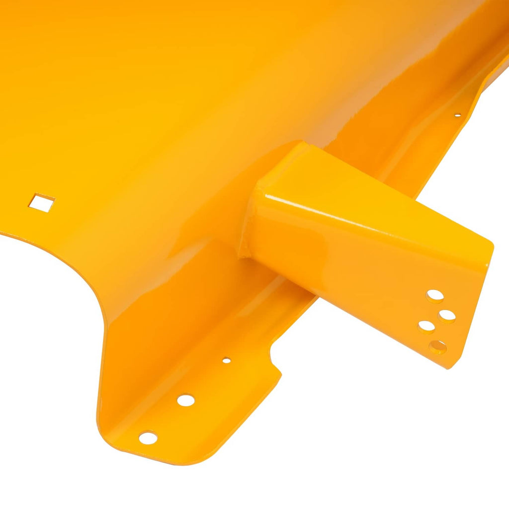 Yellow mower deck shell corner with mounting flange and hole pattern