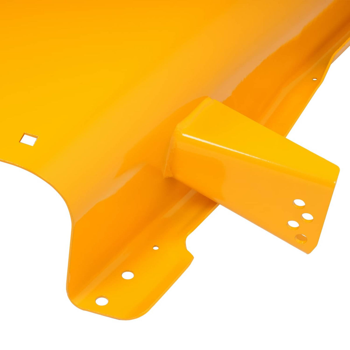 Yellow mower deck shell corner with mounting flange and hole pattern
