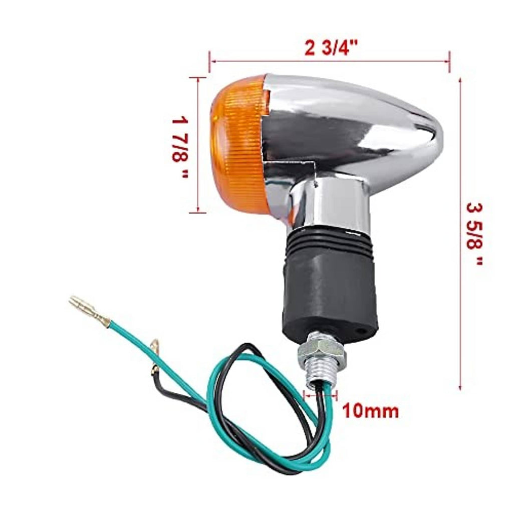 Motorcycle front/rear turn signal light with amber lens, chrome housing, black mount and wire