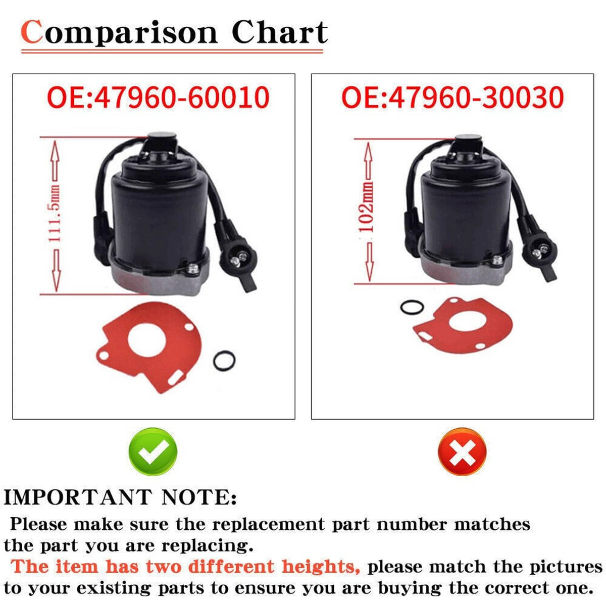 Brake pump motor size comparison chart with gasket diagrams