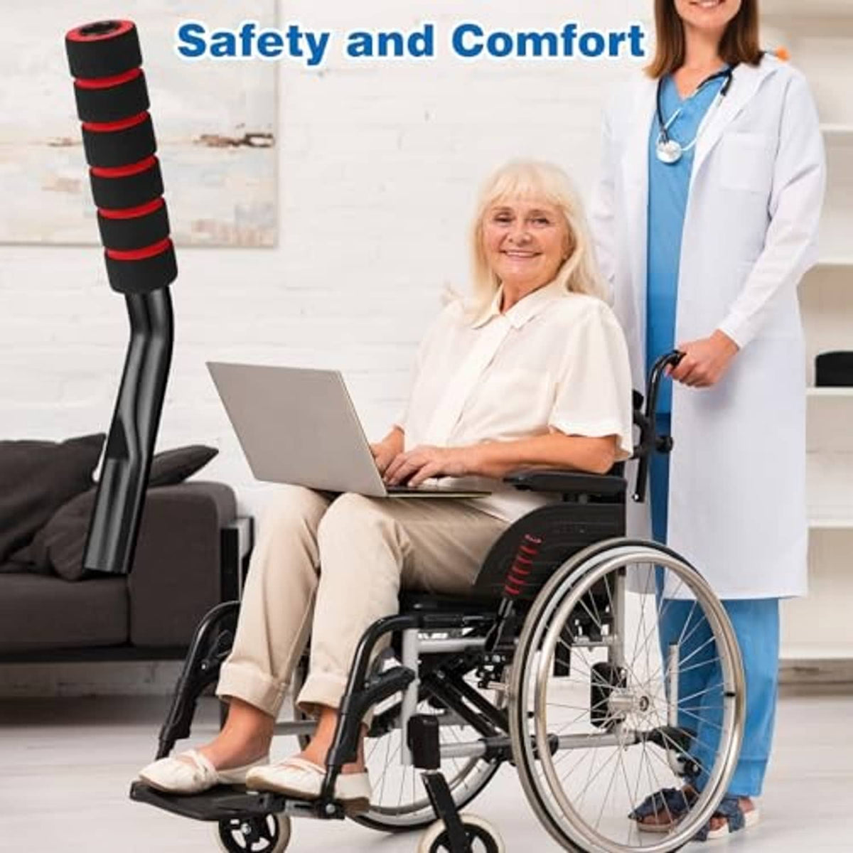 Wheelchair brake extender on black brake lever with red anti-slip grip rings