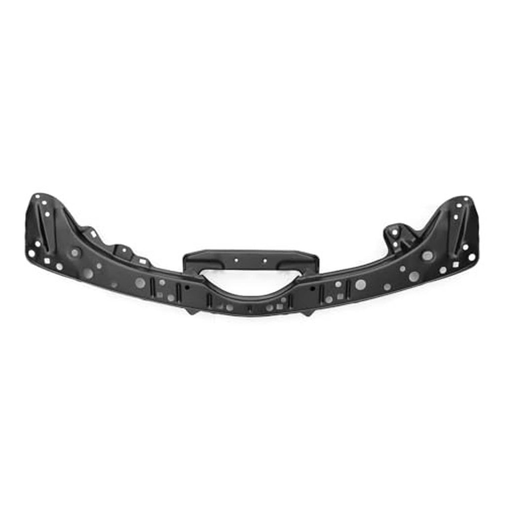 Black front upper radiator support beam, wide view with mounting holes and central opening