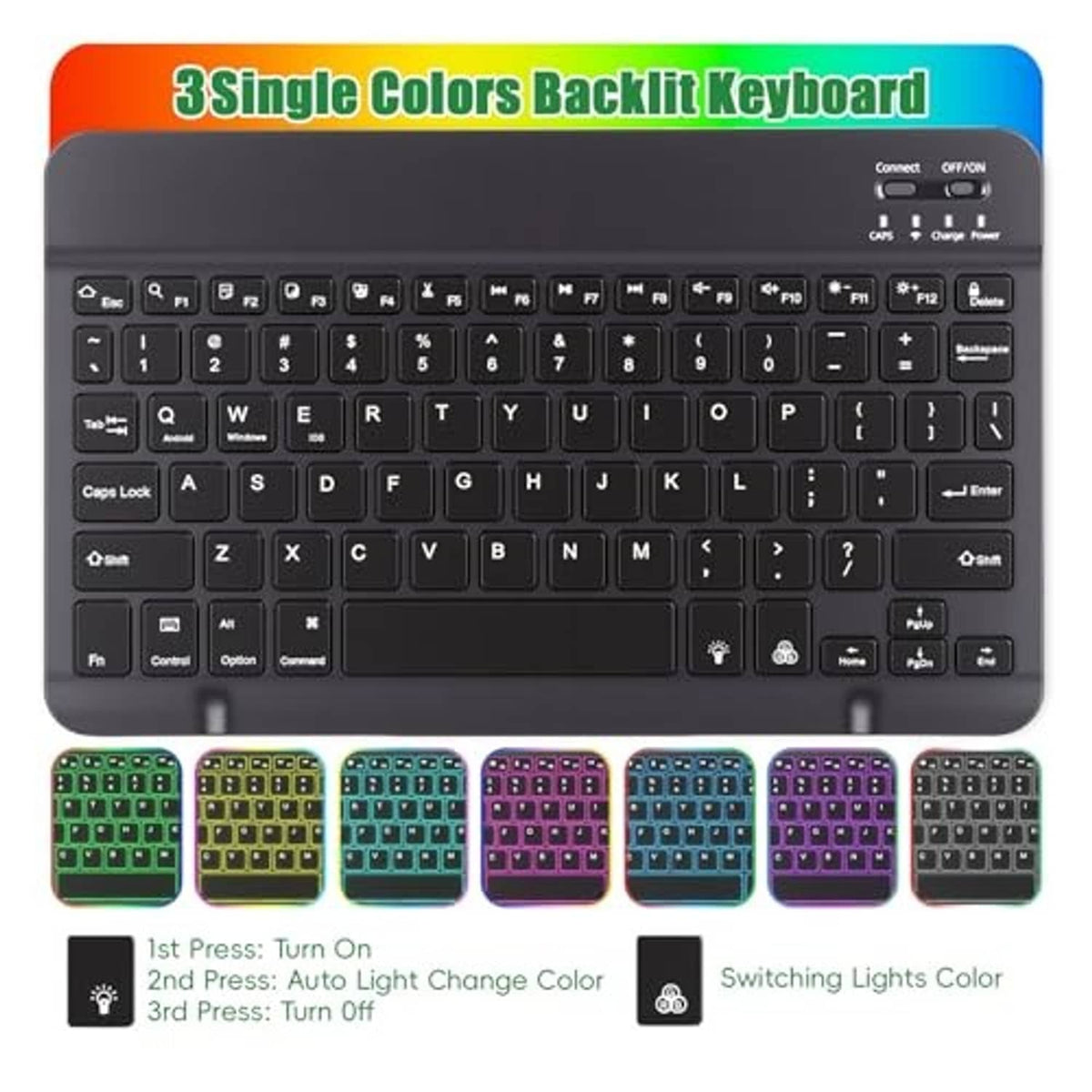 Tablet keyboard case with backlit keys in multiple color styles and function buttons