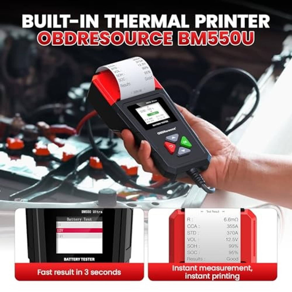 Handheld car battery tester with built-in thermal printer and screen