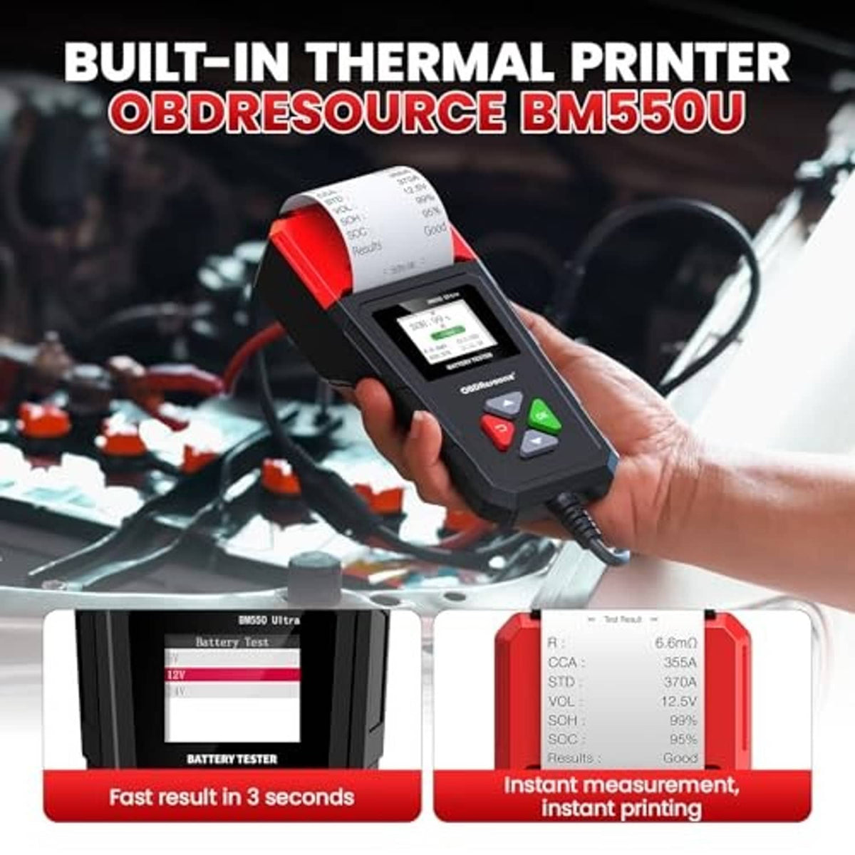 Handheld car battery tester with built-in thermal printer and screen