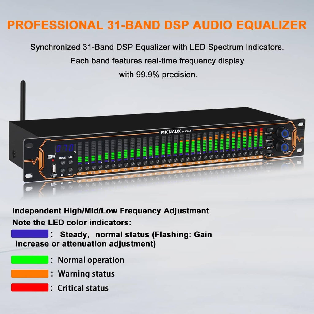 Rack-mount audio equalizer rear panel with power switch and input/output ports