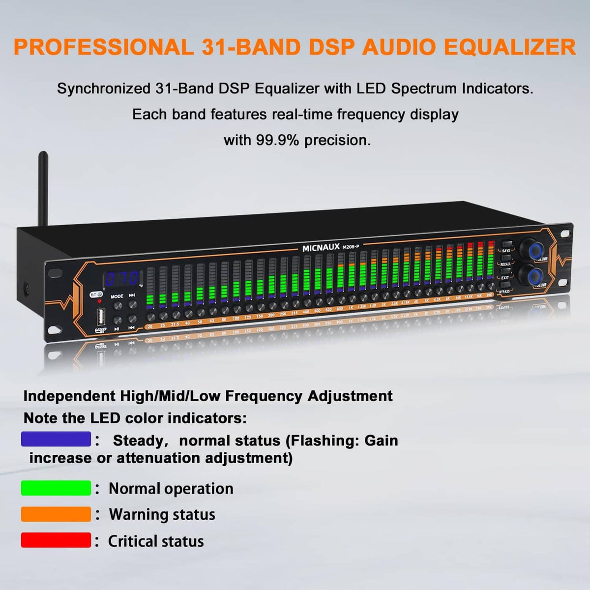 Rack-mount audio equalizer rear panel with power switch and input/output ports