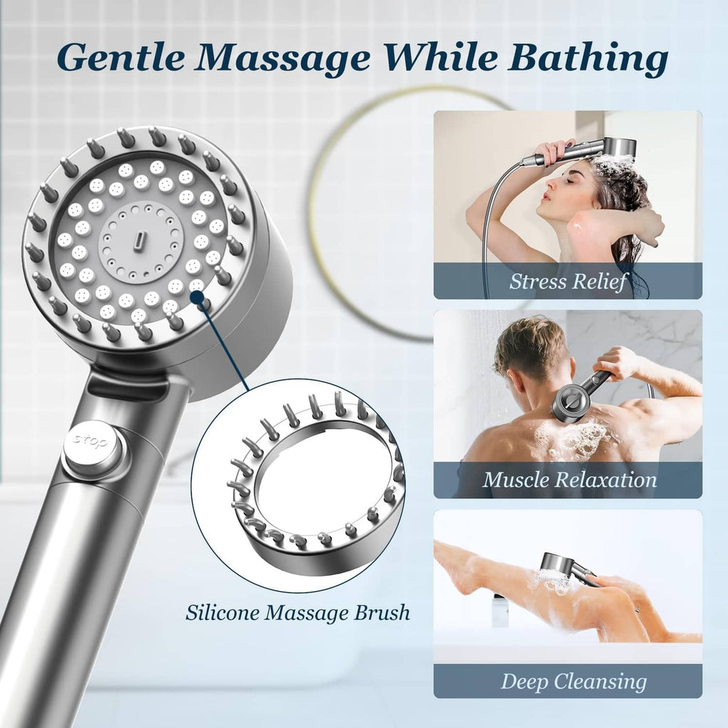 Handheld shower head with silicone massage brush nozzles for gentle shower spray