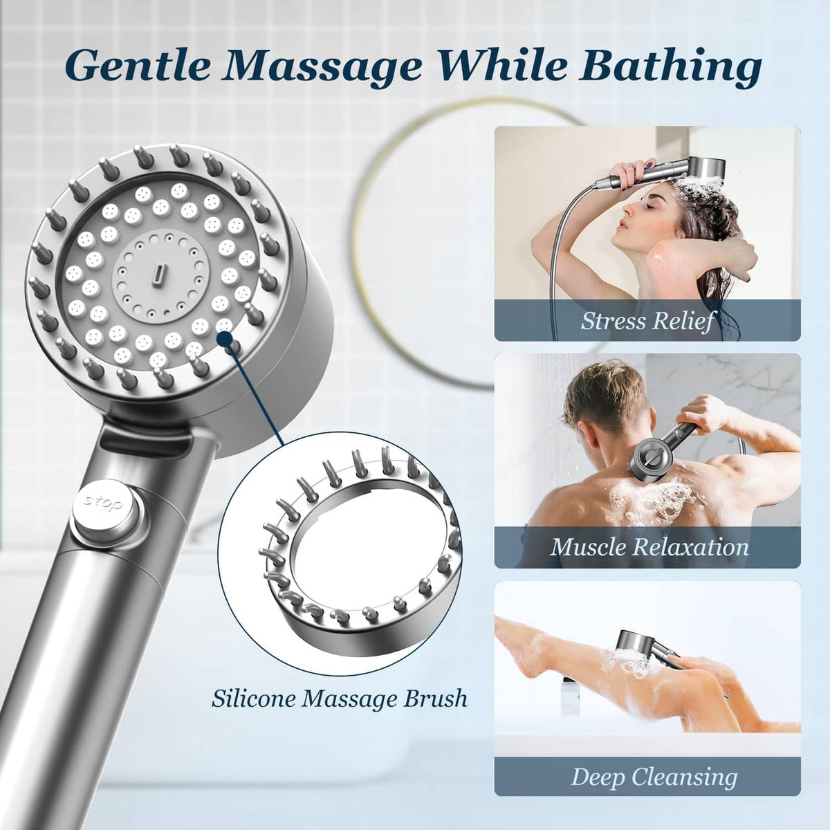 Handheld shower head with silicone massage brush nozzles for gentle shower spray