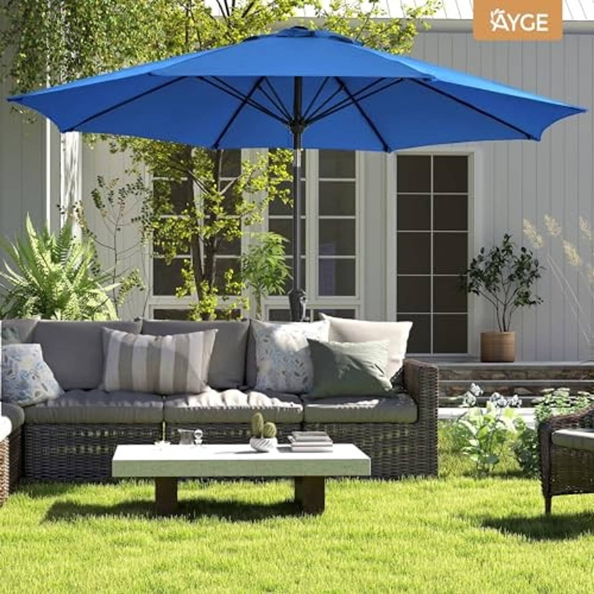 Blue patio umbrella open canopy with central pole and rib framework