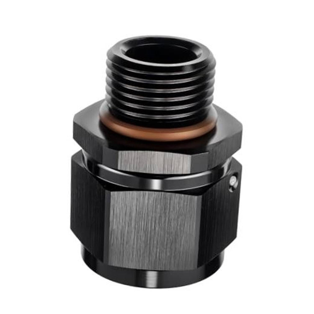 Black AN flare swivel adapter fitting with silver hex grip and O-ring seal