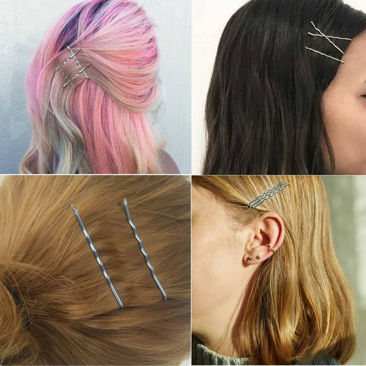 Silver bobby pins clipped into hair, multiple angles