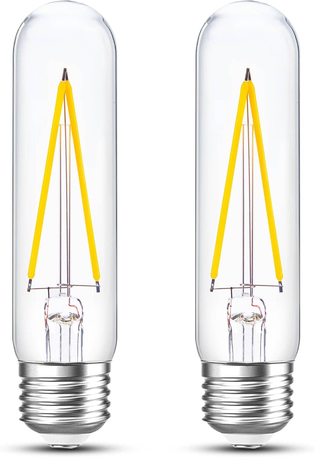 Dimmable LED T30 tube bulbs, clear glass, E26 screw base, two-pack with visible filaments