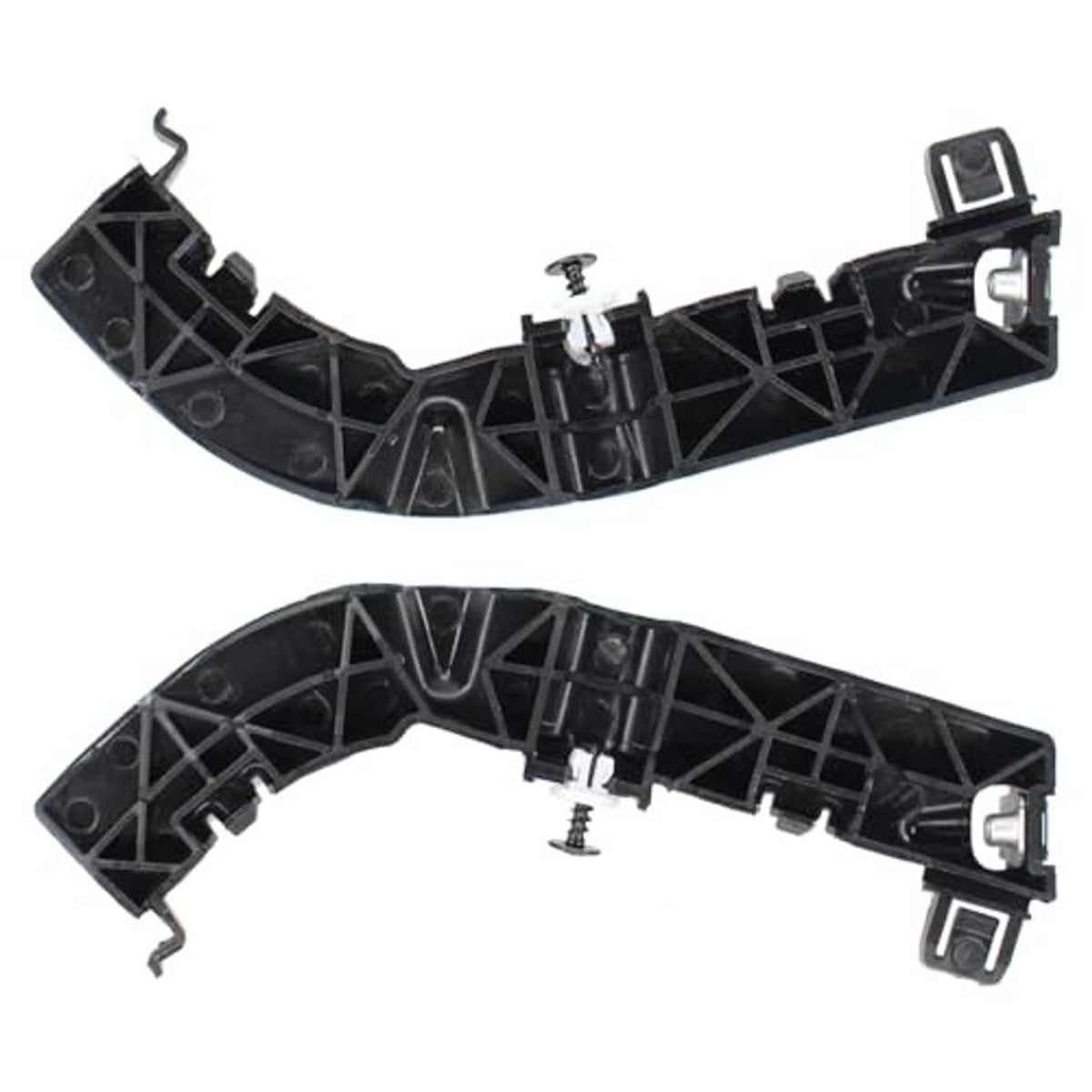 Pair of front bumper support brackets, black plastic underside with ribbed structure