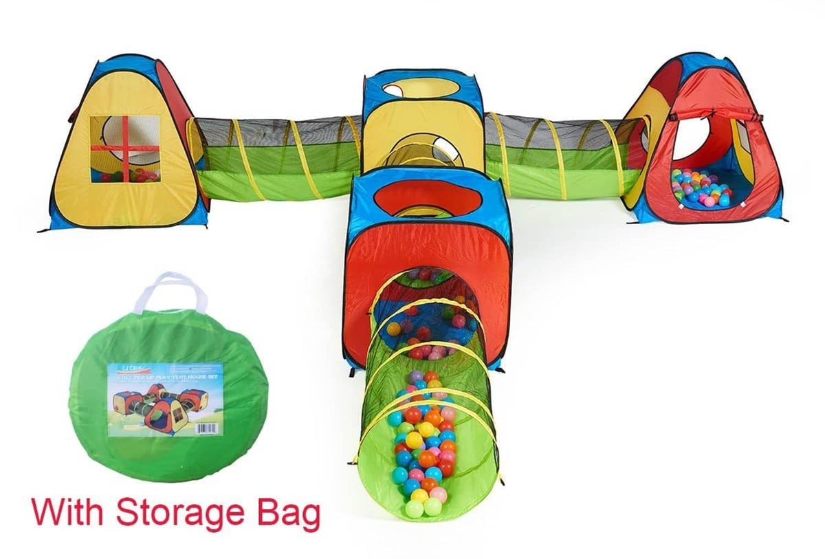 Kids pop-up play tunnel and teepee set with storage bag, multicolor fabric