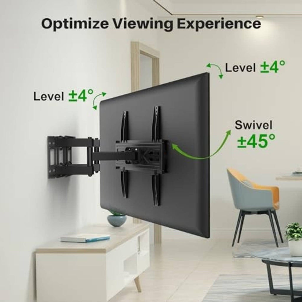 Full motion TV wall mount holding a flat panel, showing leveling and swivel range
