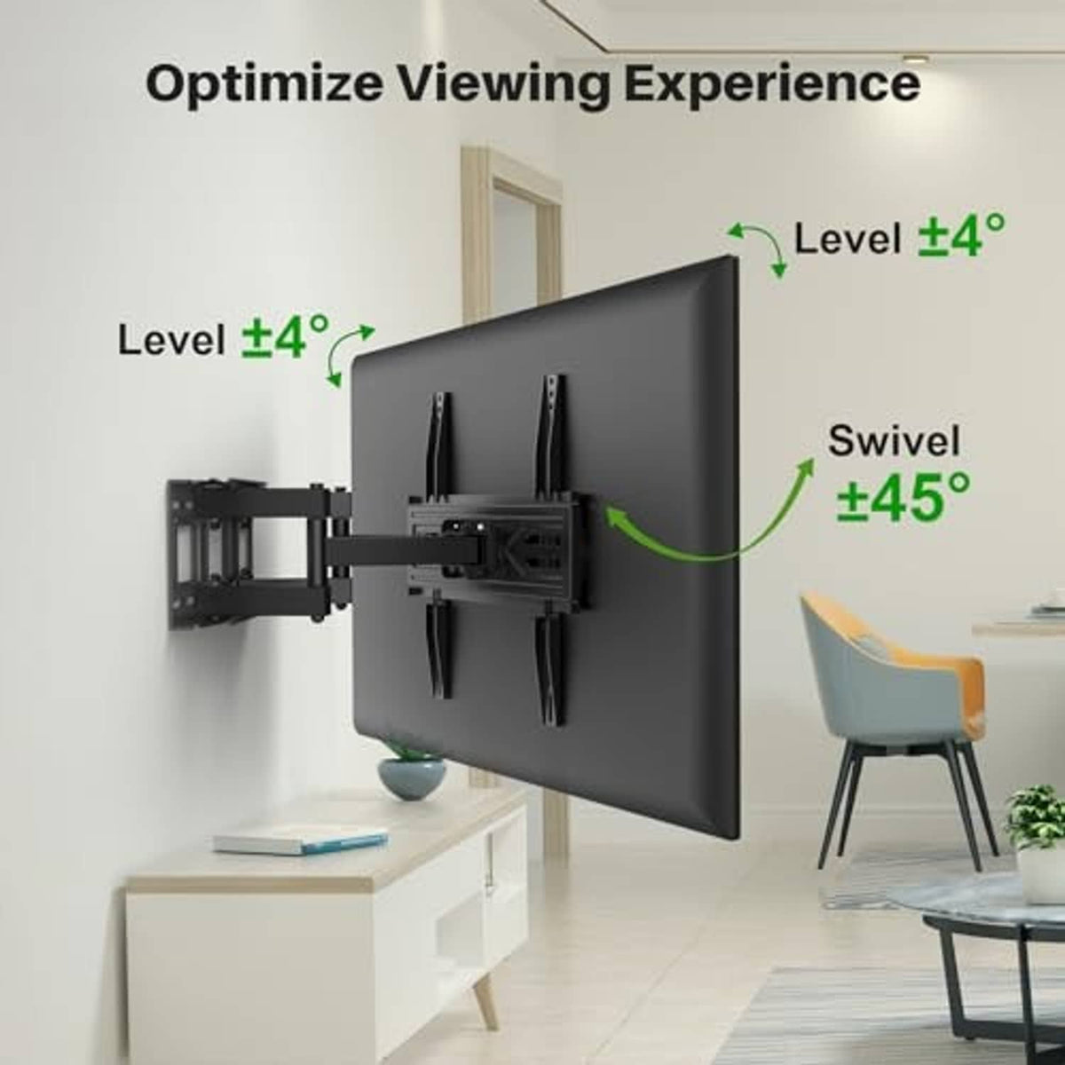 Full motion TV wall mount holding a flat panel, showing leveling and swivel range