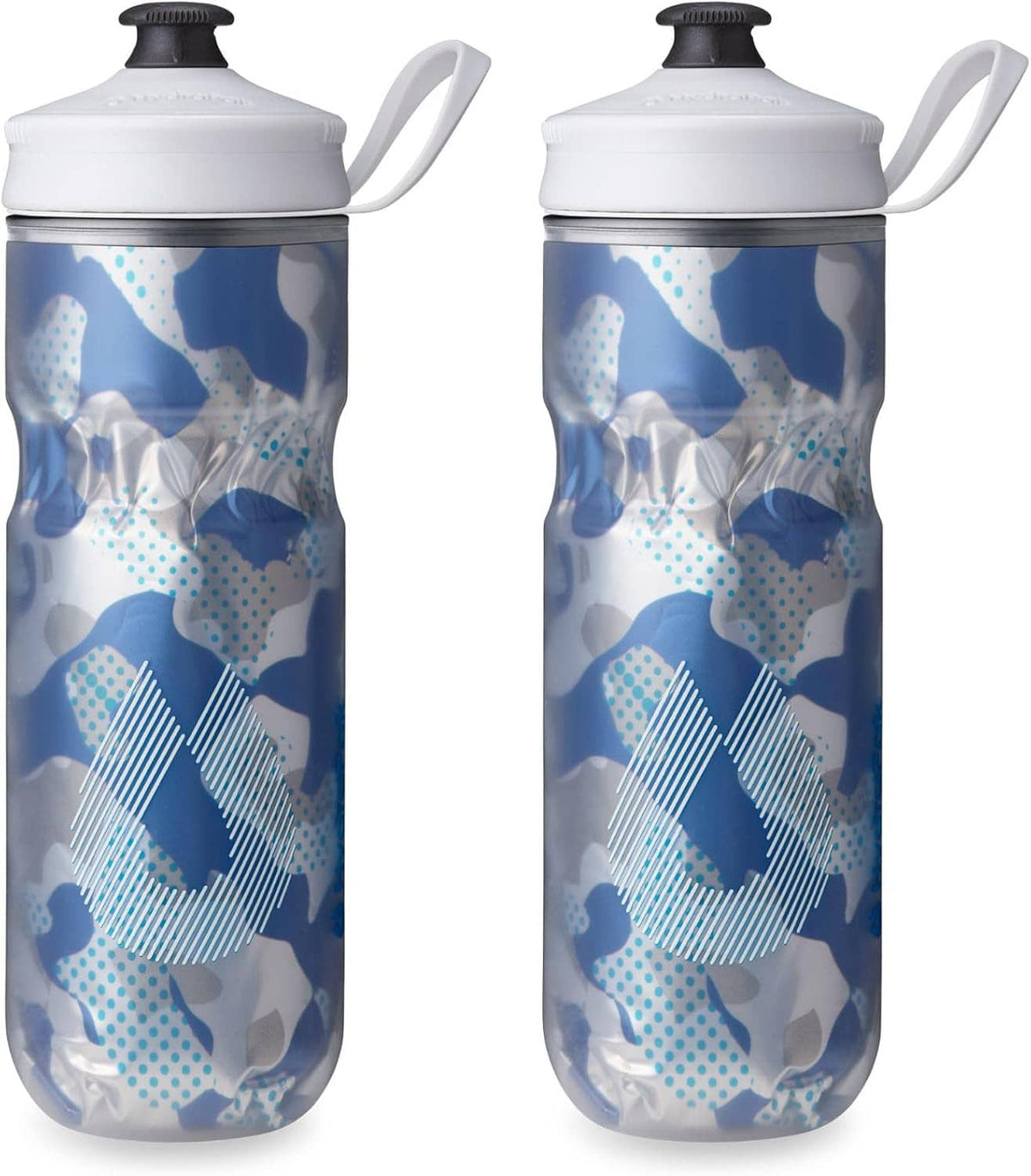 Insulated sport water bottles (2-pack) with blue camo pattern, black cap and side carry handle