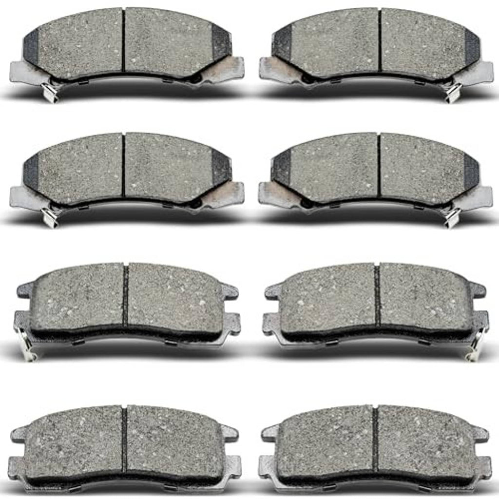 Set of gray ceramic brake pads with metal backing plates, multiple front views