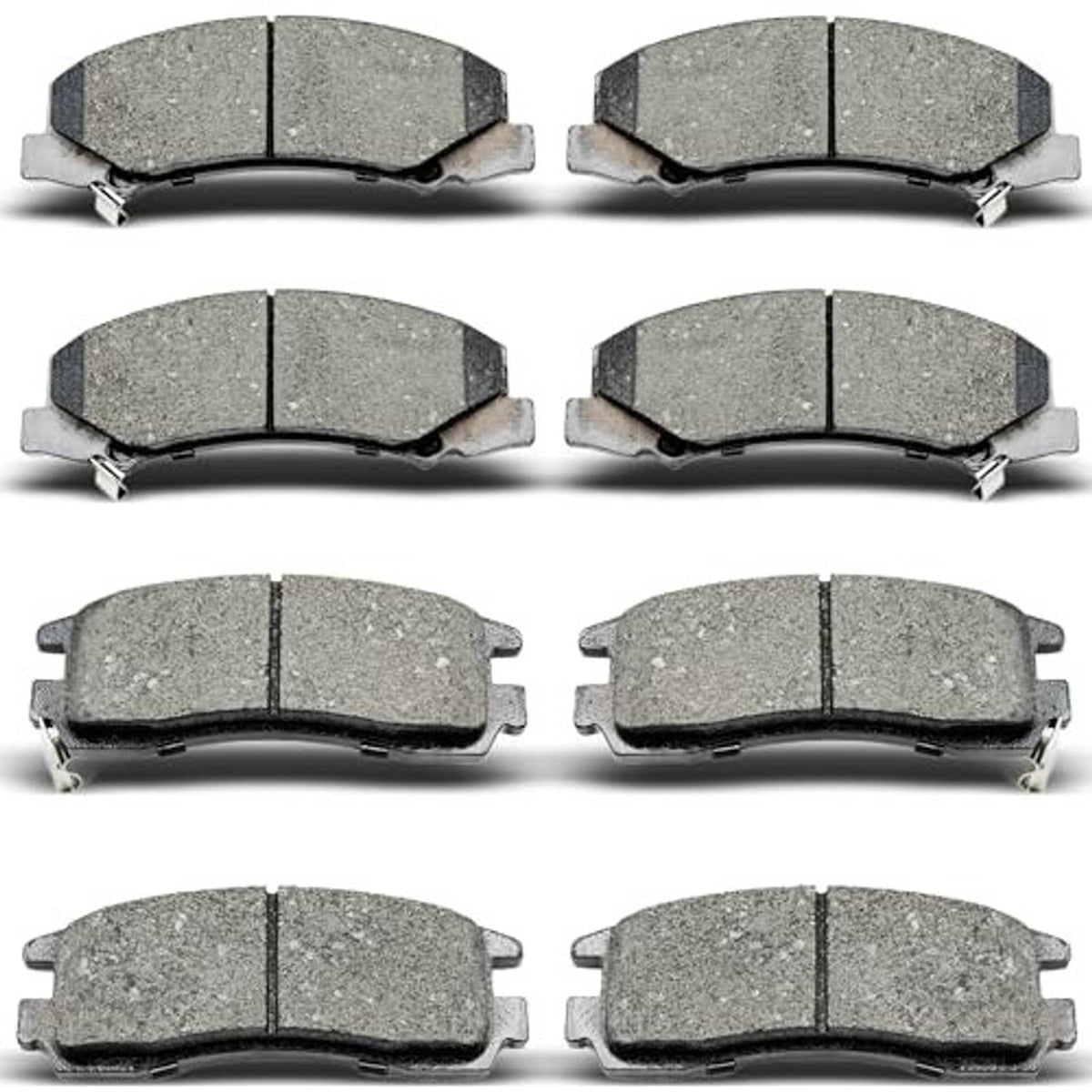 Set of gray ceramic brake pads with metal backing plates, multiple front views