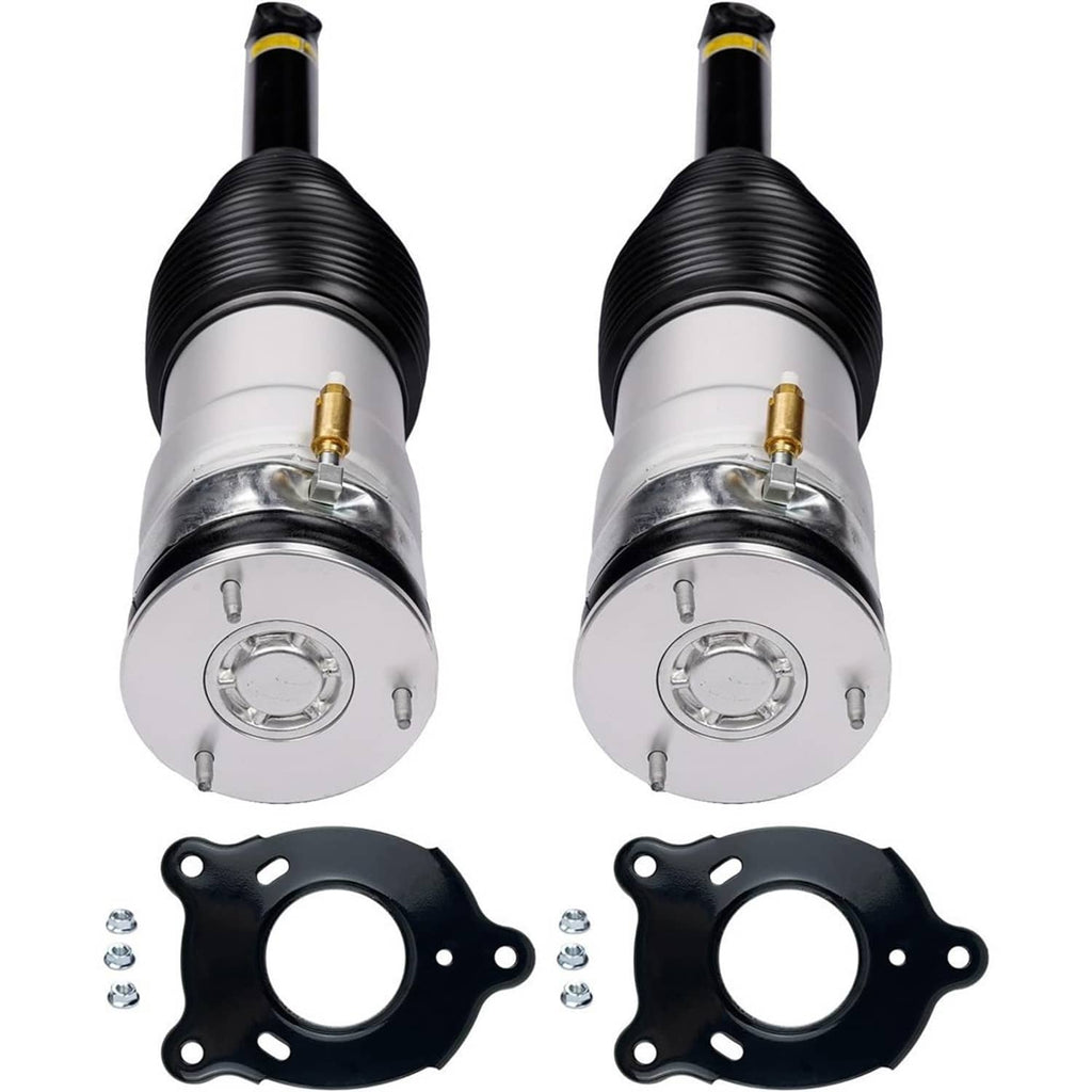 Pair of rear air suspension shock struts with silver bodies, black bellows, and brackets