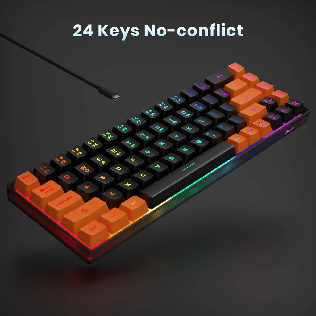 Compact wired gaming keyboard with orange keycaps and rainbow RGB backlighting