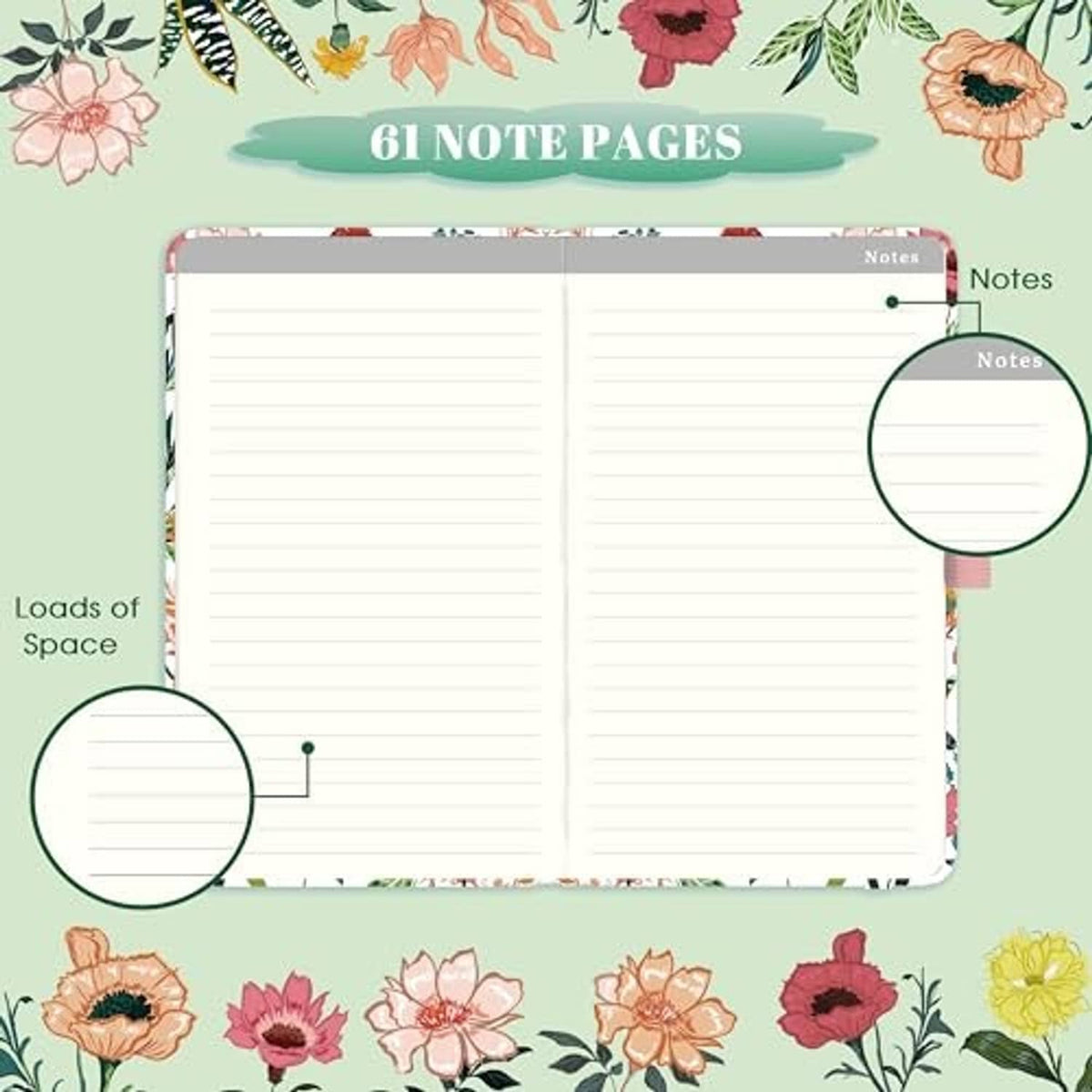 Open pocket planner interior with lined note pages and wide blank notes area