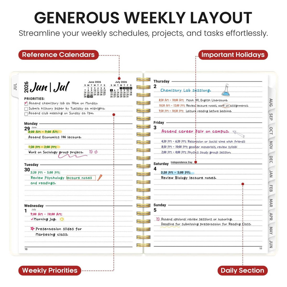Weekly layout page in open planner with weekly priorities and daily sections