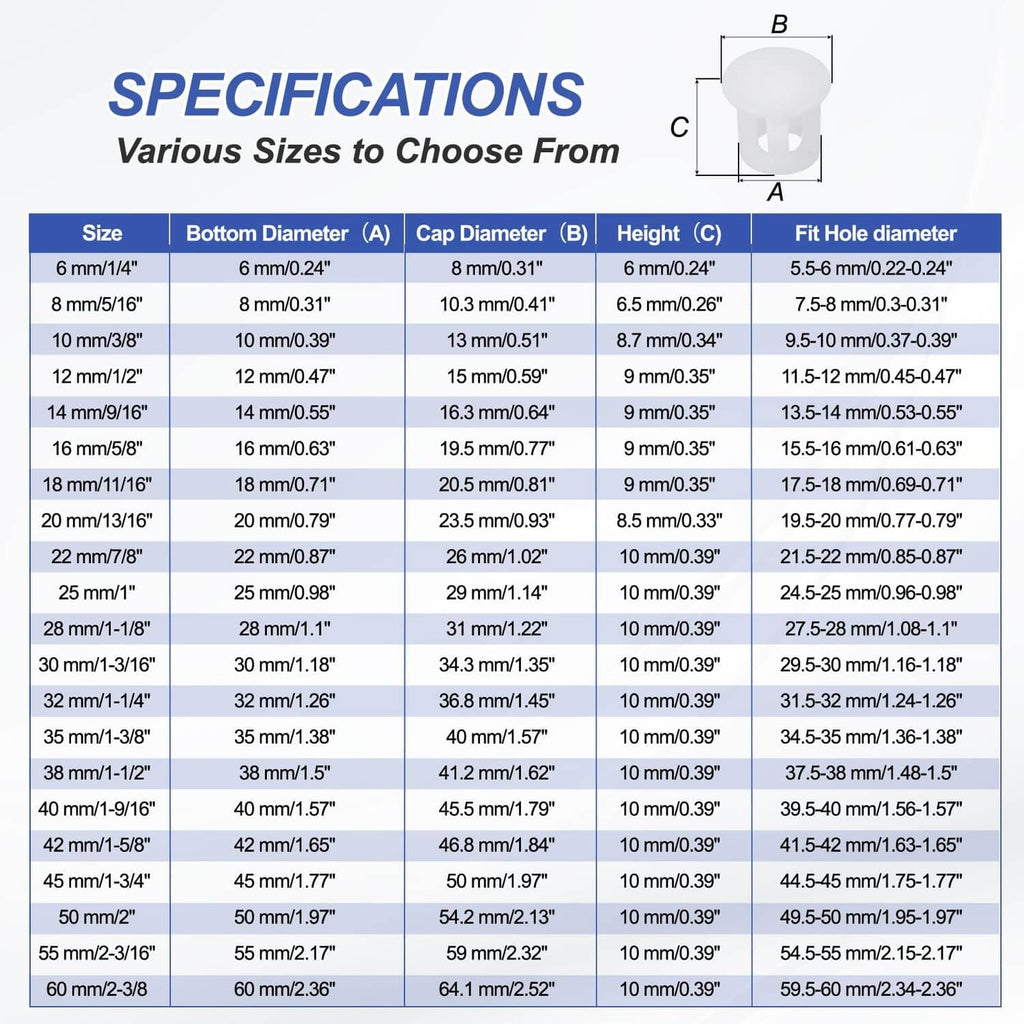White round plastic hole plug shown with size and dimension labels