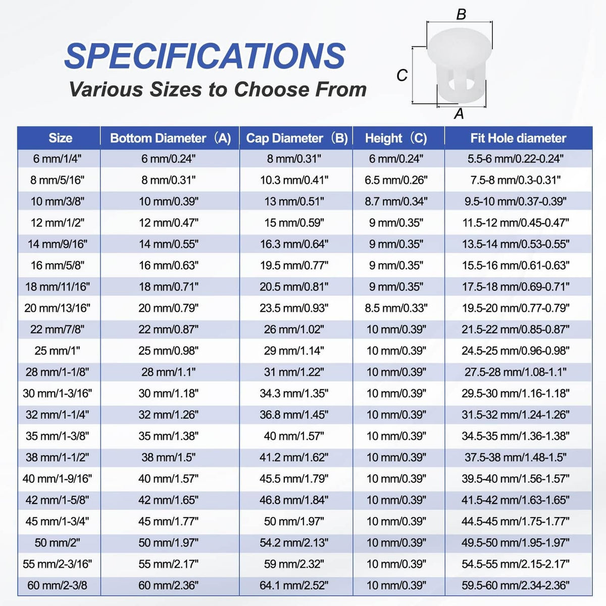White round plastic hole plug shown with size and dimension labels