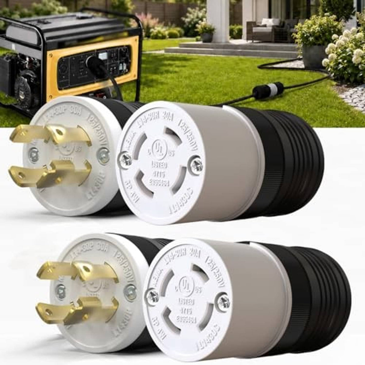 Twist-lock plug and connector set with white faces and gold terminals, black ribbed sleeves