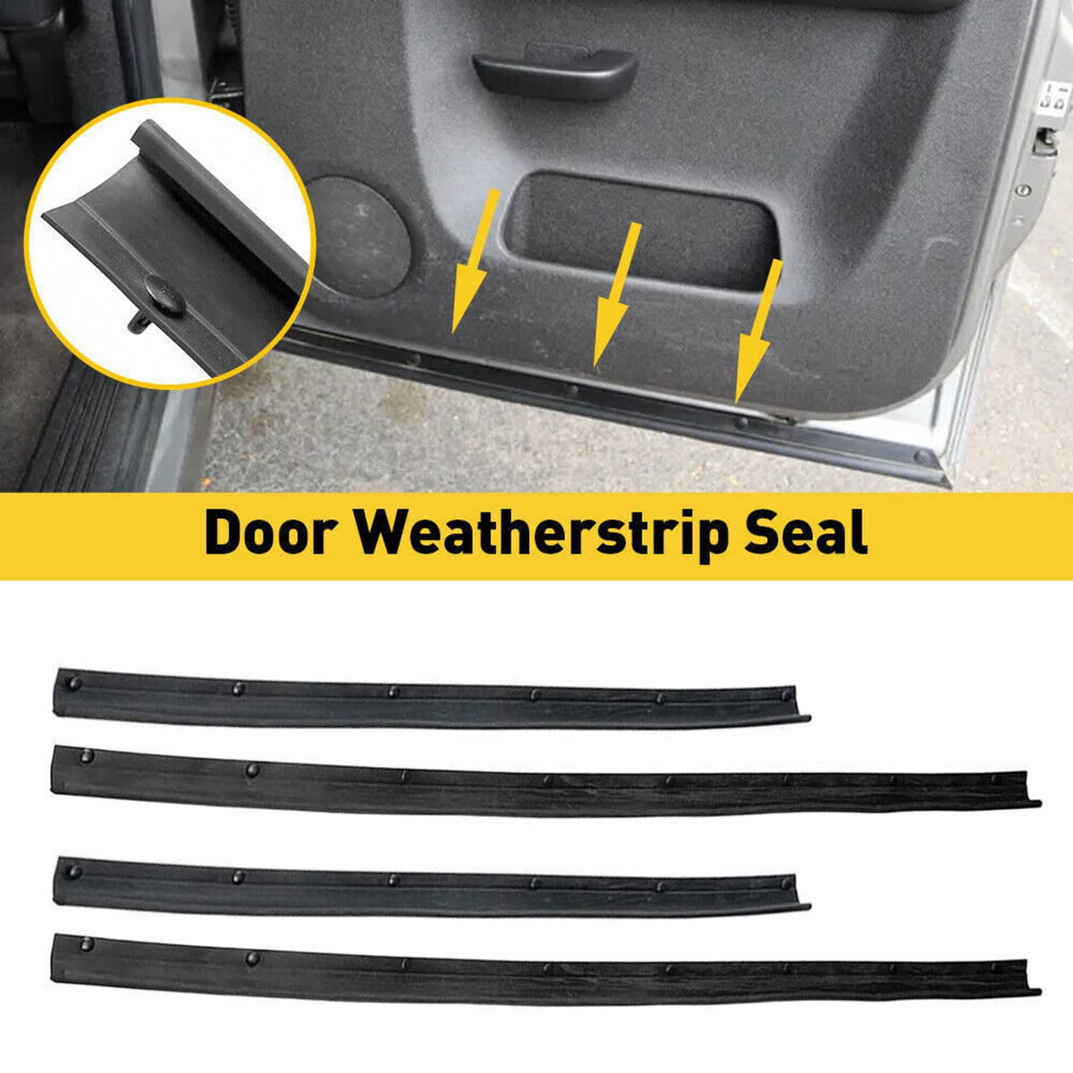Black door weatherstrip seal installed along door edge, with four segments