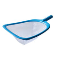 Blue pool leaf skimmer rake with fine white mesh scoop and short handle.