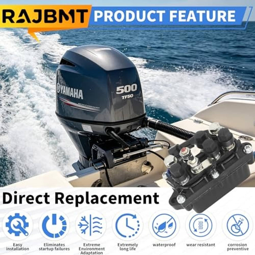 Tilt-trim relay installed on outboard motor, showing black relay housing and wiring